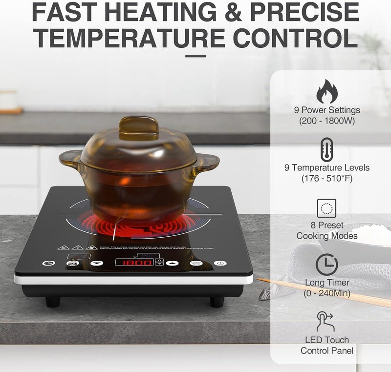 Bgk Electric Cooktop,110V Electric Stove Top,Single Burner LED Touch Control,9 Power Levels, Kids Lock &Timer,Overheat Protection,1800W Portable Induction Cooktop. - Image 5